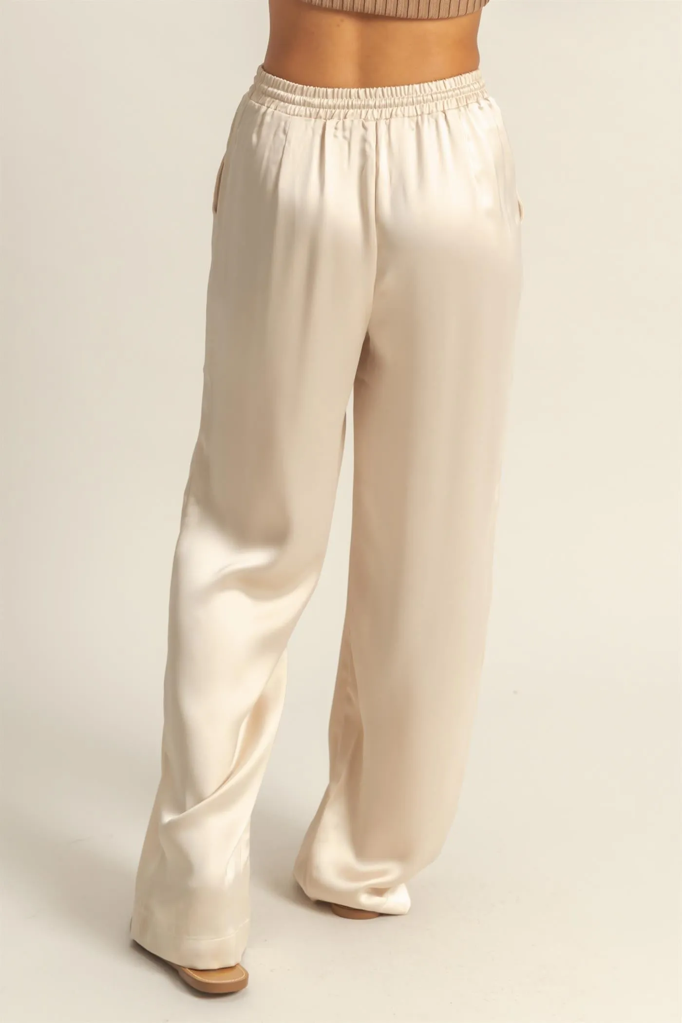 DZ24F332-Drawstring Waist Wide Leg Satin Pants