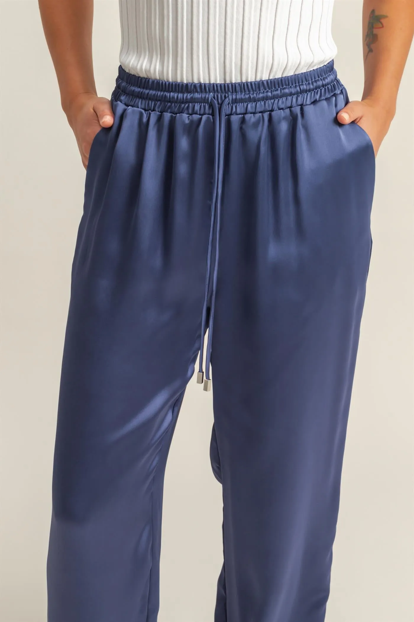 DZ24F332-Drawstring Waist Wide Leg Satin Pants