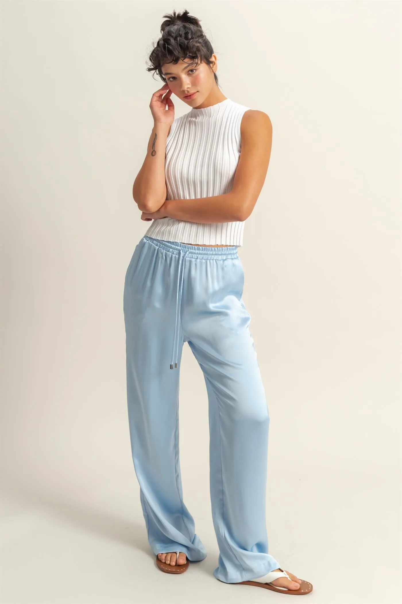 DZ24F332-Drawstring Waist Wide Leg Satin Pants