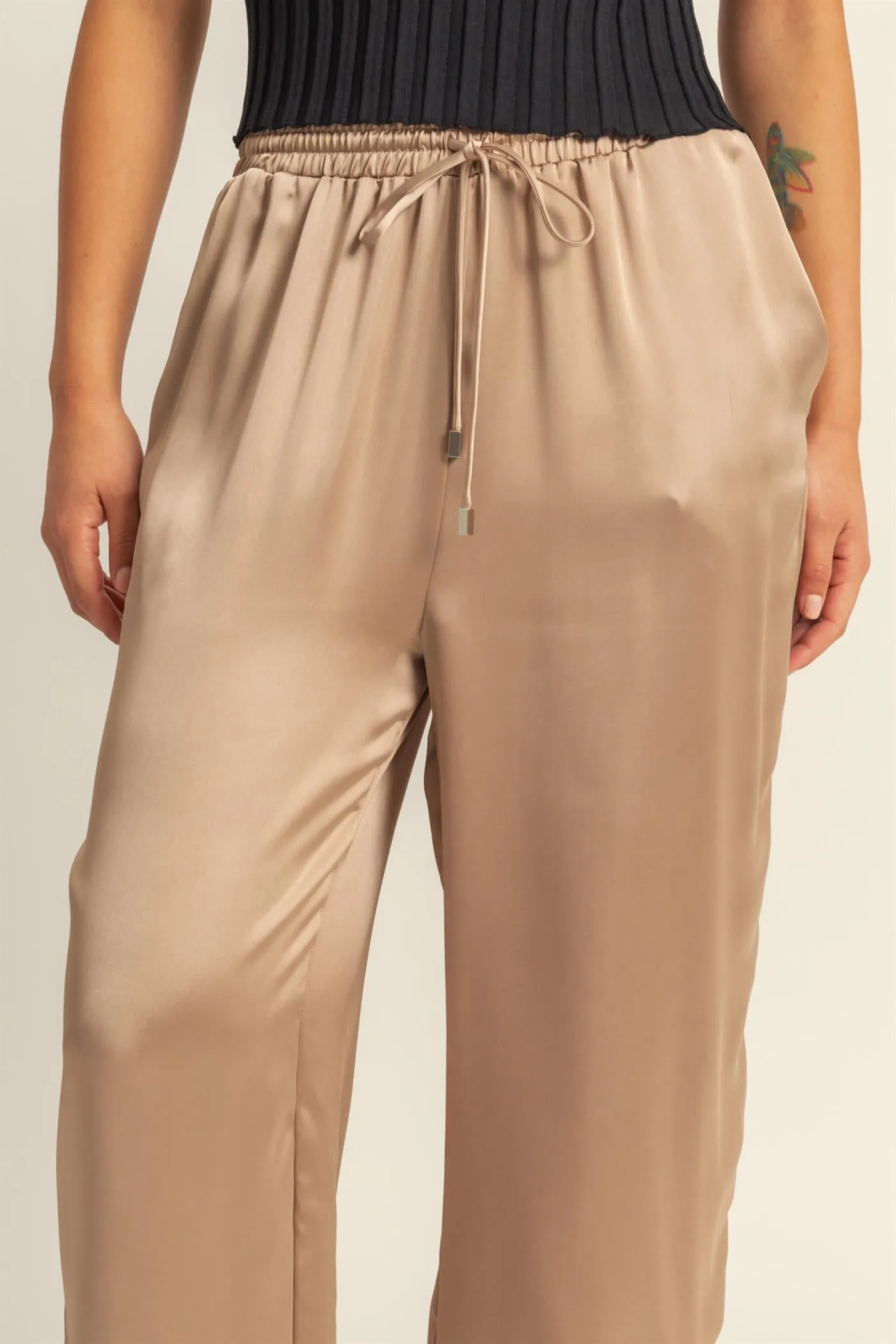 DZ24F332-Drawstring Waist Wide Leg Satin Pants