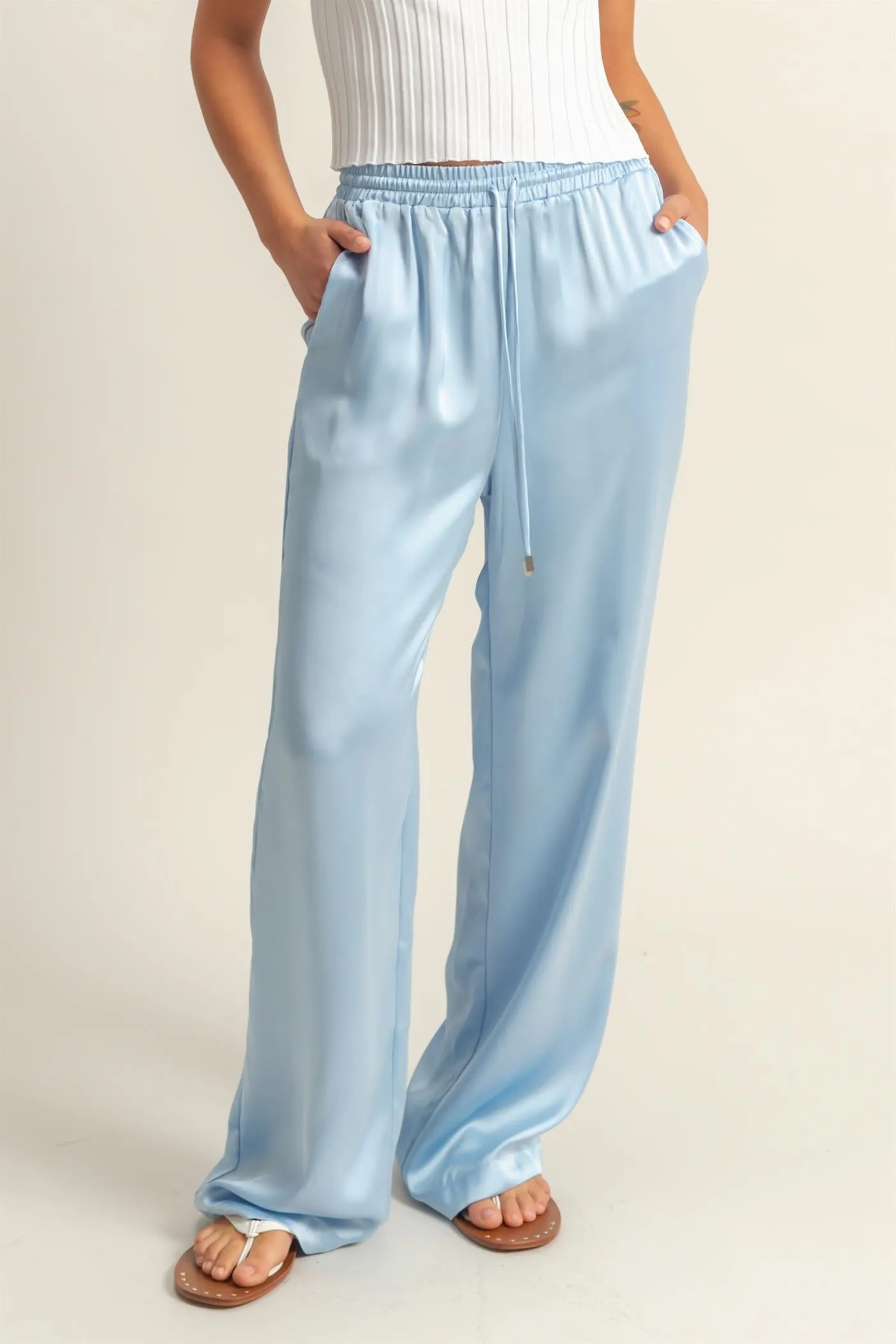 DZ24F332-Drawstring Waist Wide Leg Satin Pants