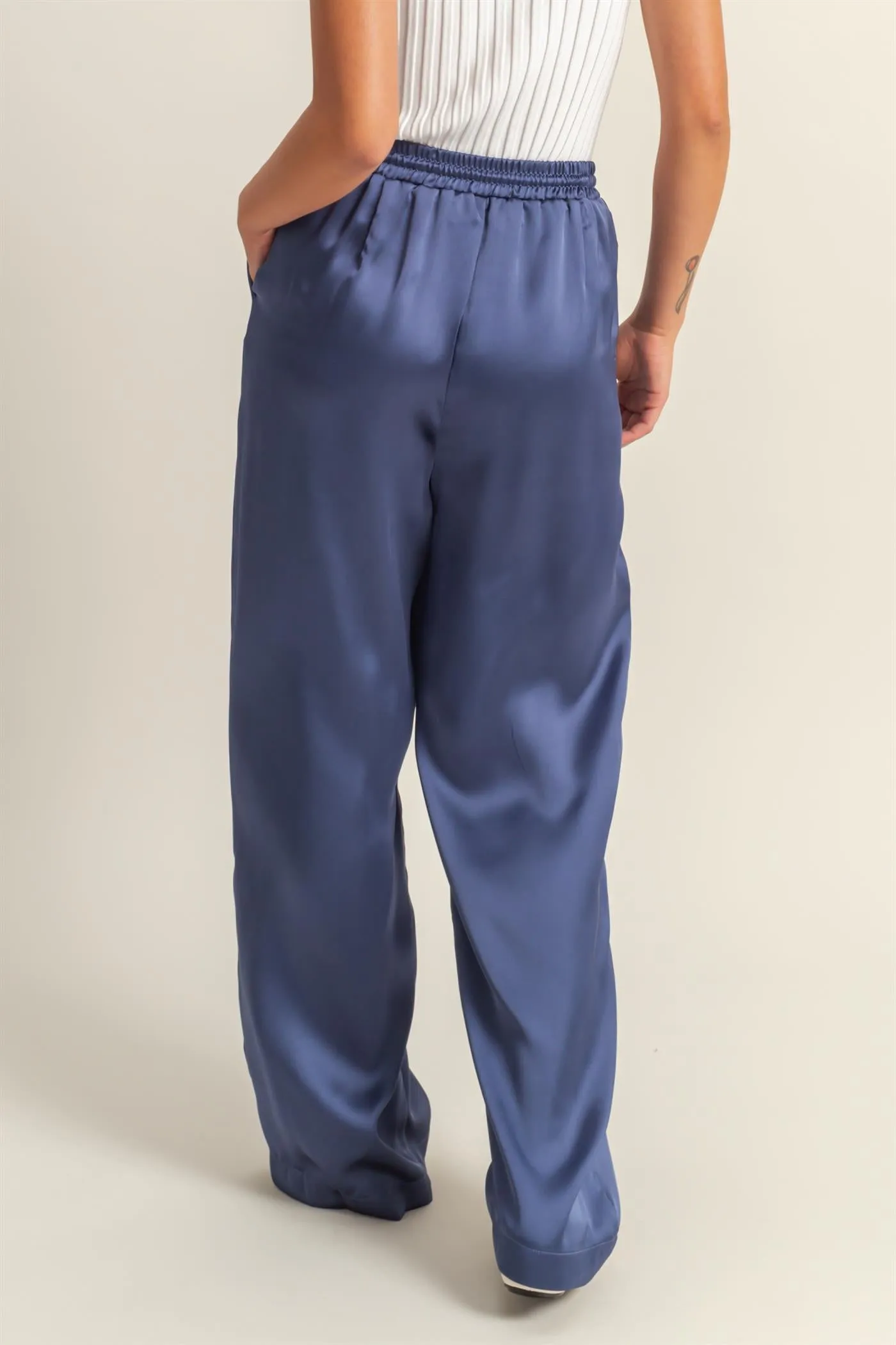 DZ24F332-Drawstring Waist Wide Leg Satin Pants