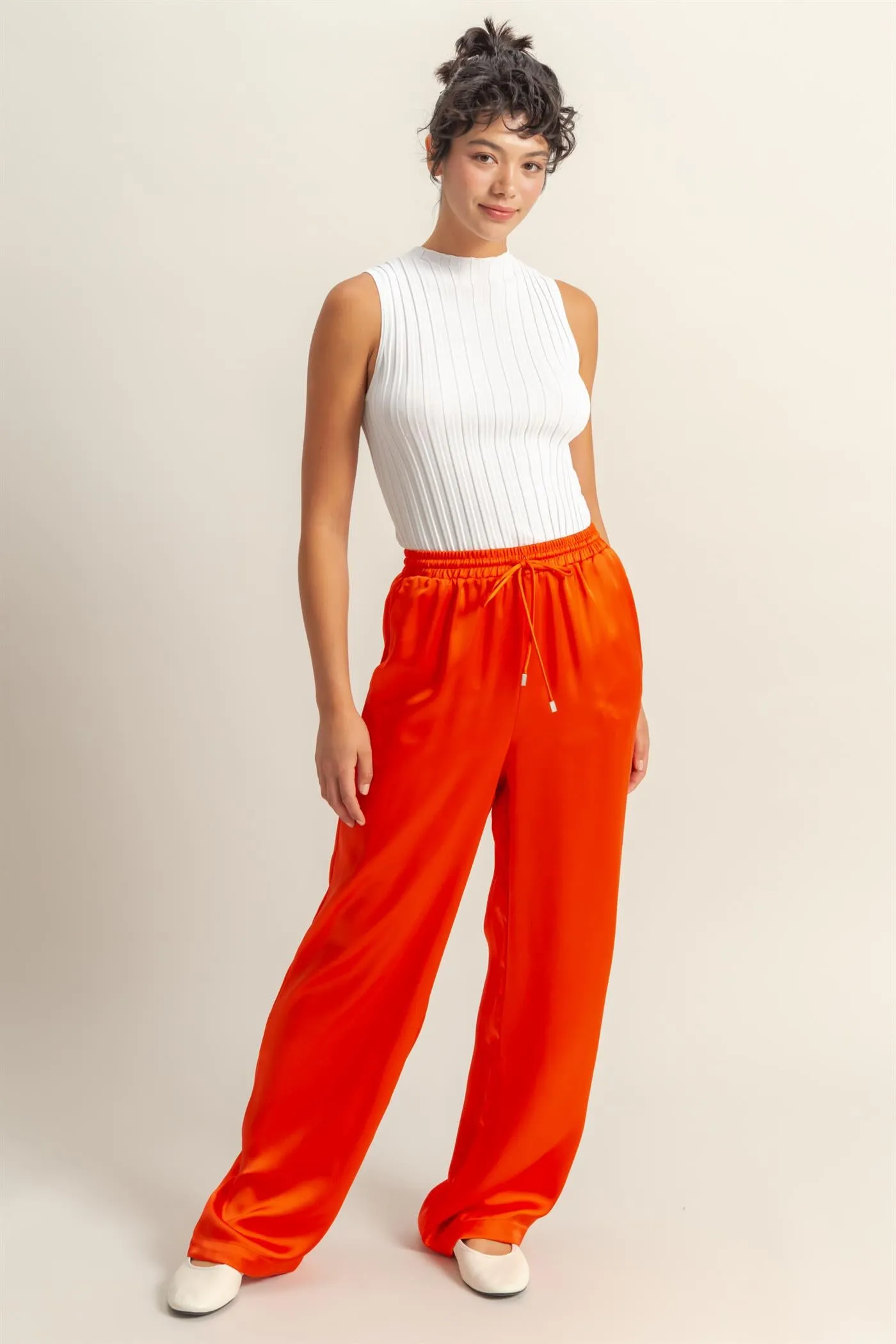 DZ24F332-Drawstring Waist Wide Leg Satin Pants