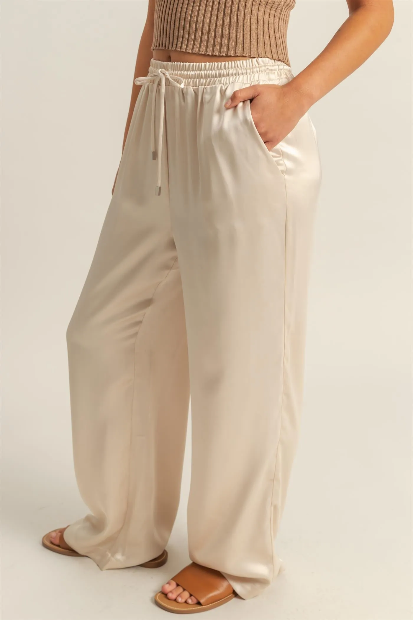 DZ24F332-Drawstring Waist Wide Leg Satin Pants
