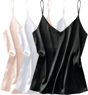 Ekouaer 3 Pack: Womens Silk Satin Tank Top V Neck Camisole Cami Spaghetti Strap Top Loose Sleeveless Blouses Tank Shirt