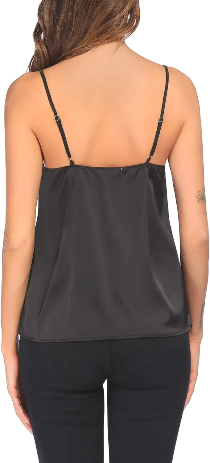 Ekouaer 3 Pack: Womens Silk Satin Tank Top V Neck Camisole Cami Spaghetti Strap Top Loose Sleeveless Blouses Tank Shirt