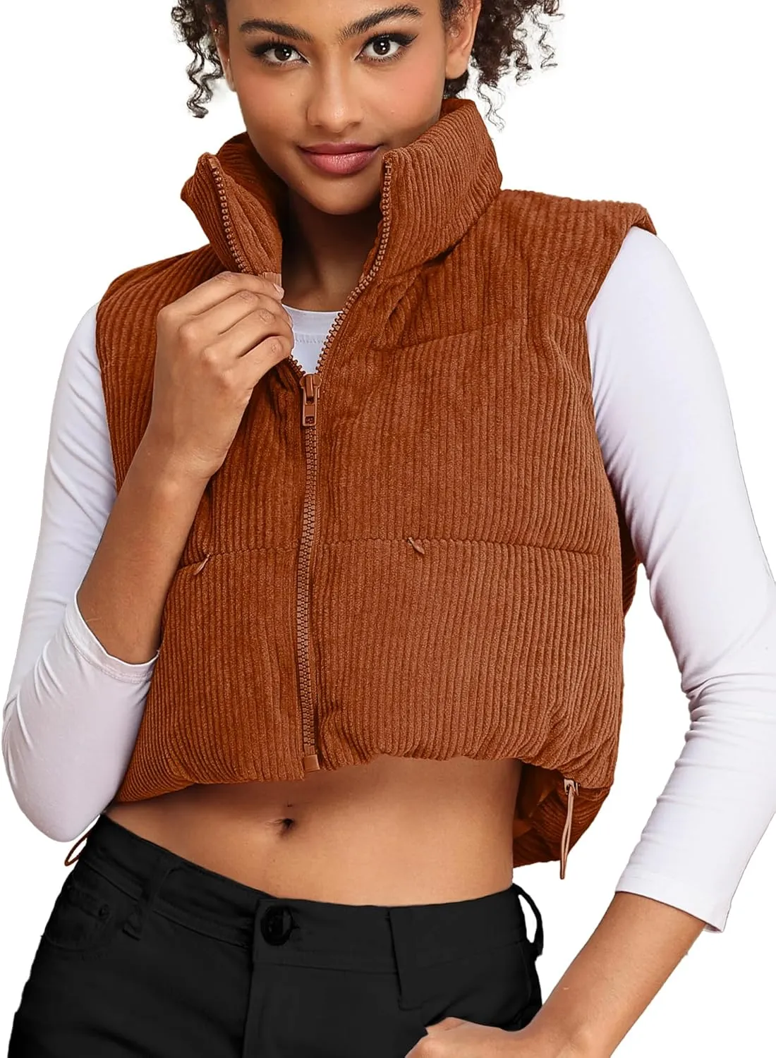 ELLEVEN Women's Corduroy Cropped Puffer Vest with Pockets, High Stand Collar Outerwear Lightweight Warm Sleeveless Jacket