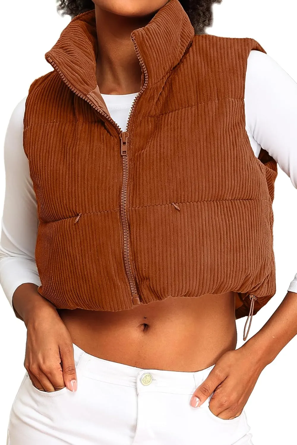 ELLEVEN Women's Corduroy Cropped Puffer Vest with Pockets, High Stand Collar Outerwear Lightweight Warm Sleeveless Jacket