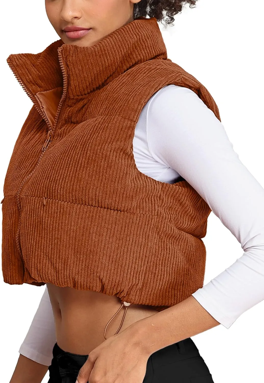 ELLEVEN Women's Corduroy Cropped Puffer Vest with Pockets, High Stand Collar Outerwear Lightweight Warm Sleeveless Jacket