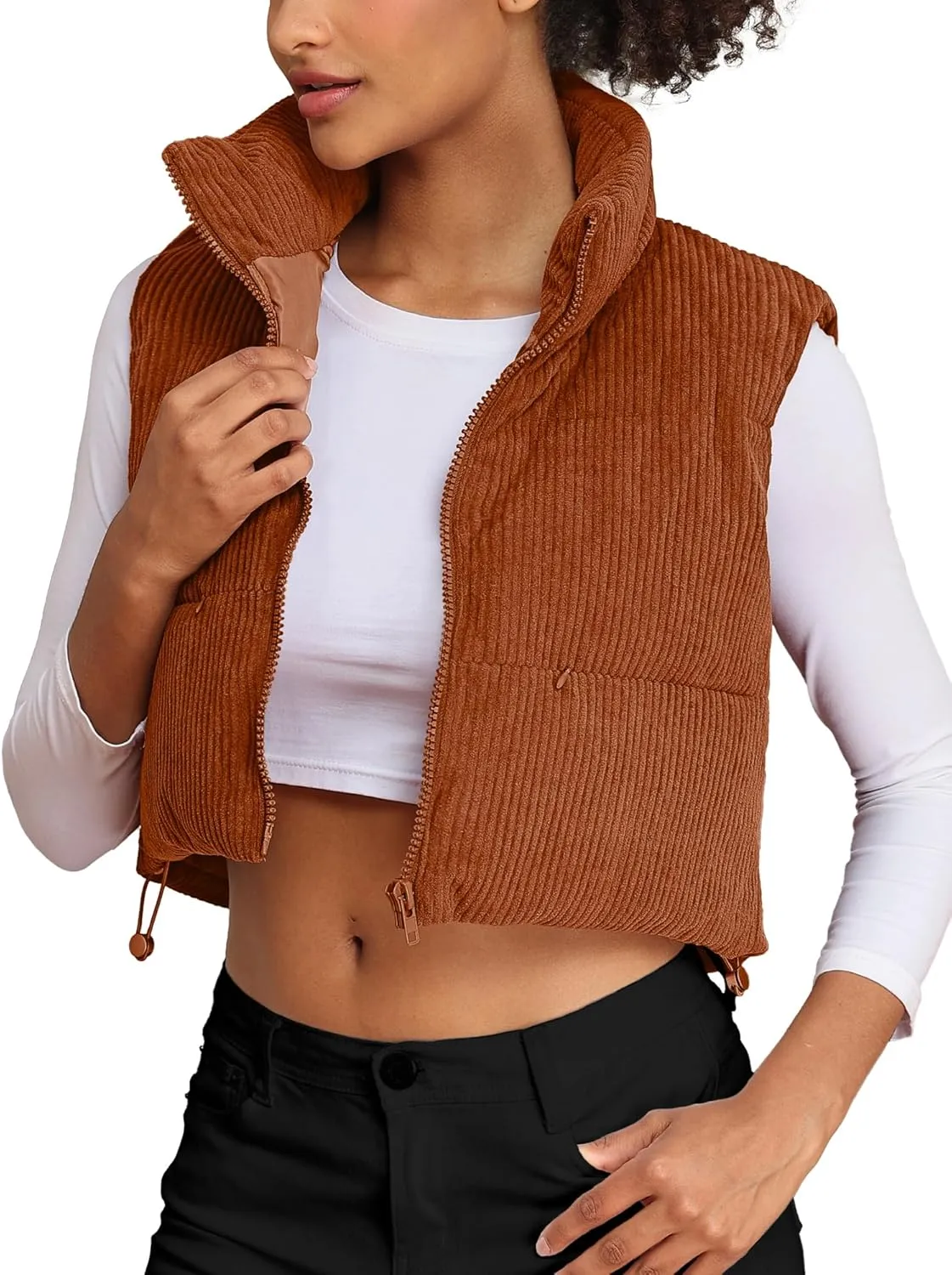 ELLEVEN Women's Corduroy Cropped Puffer Vest with Pockets, High Stand Collar Outerwear Lightweight Warm Sleeveless Jacket