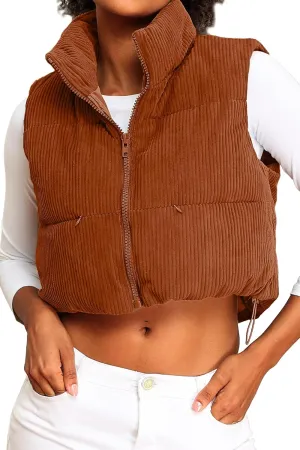 ELLEVEN Women's Corduroy Cropped Puffer Vest with Pockets, High Stand Collar Outerwear Lightweight Warm Sleeveless Jacket