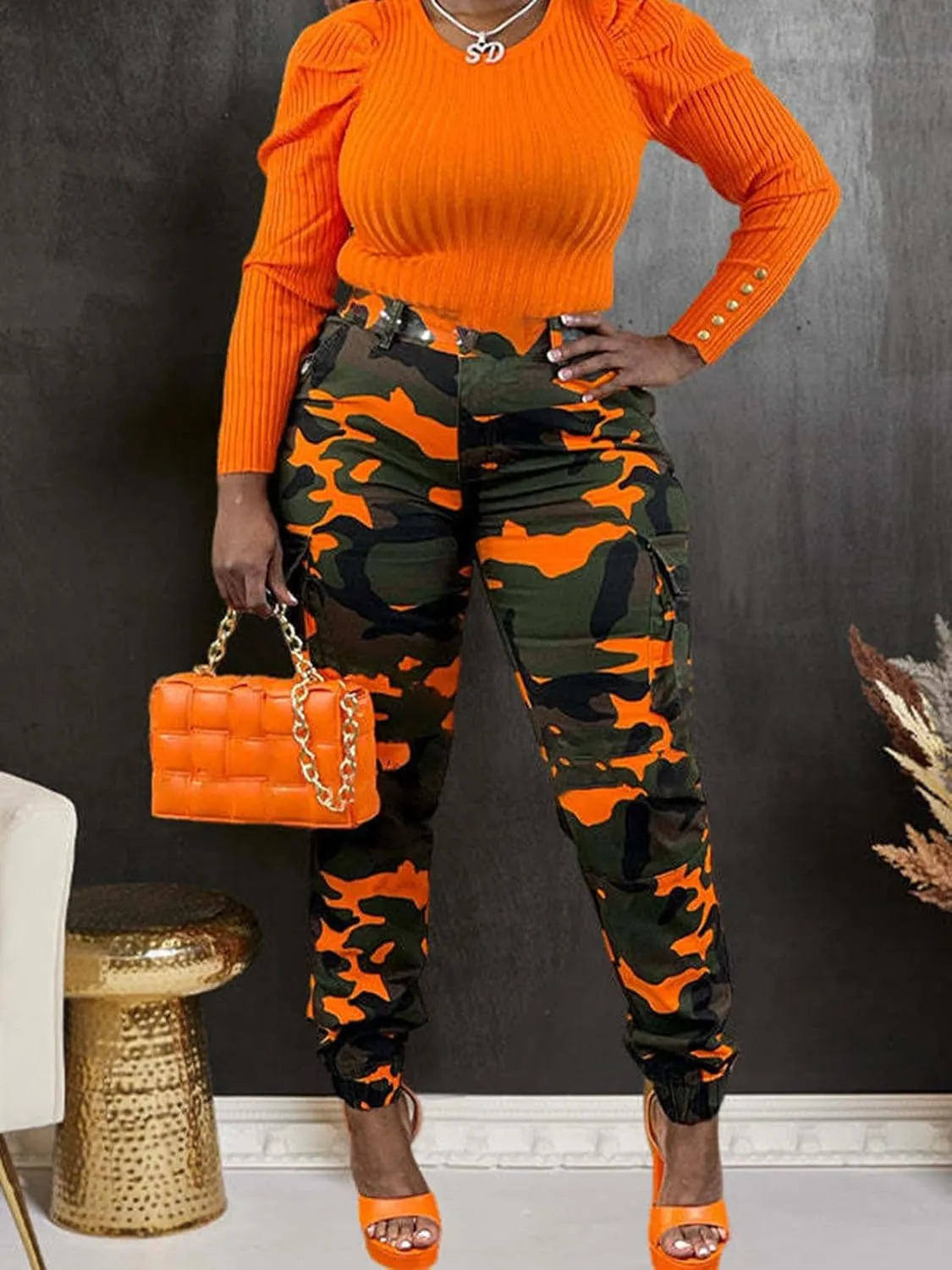 Famnbro Women Camo Pants Camouflage Cargo Pants Ankle Cuffed Army Fatigue Joggers Streetwear