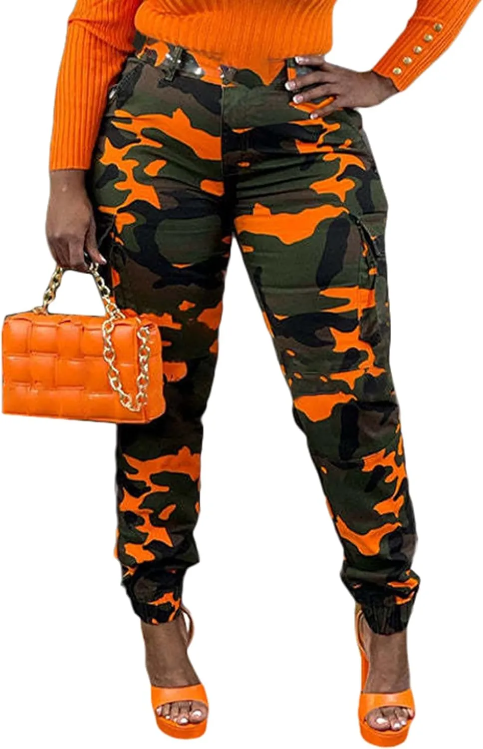 Famnbro Women Camo Pants Camouflage Cargo Pants Ankle Cuffed Army Fatigue Joggers Streetwear
