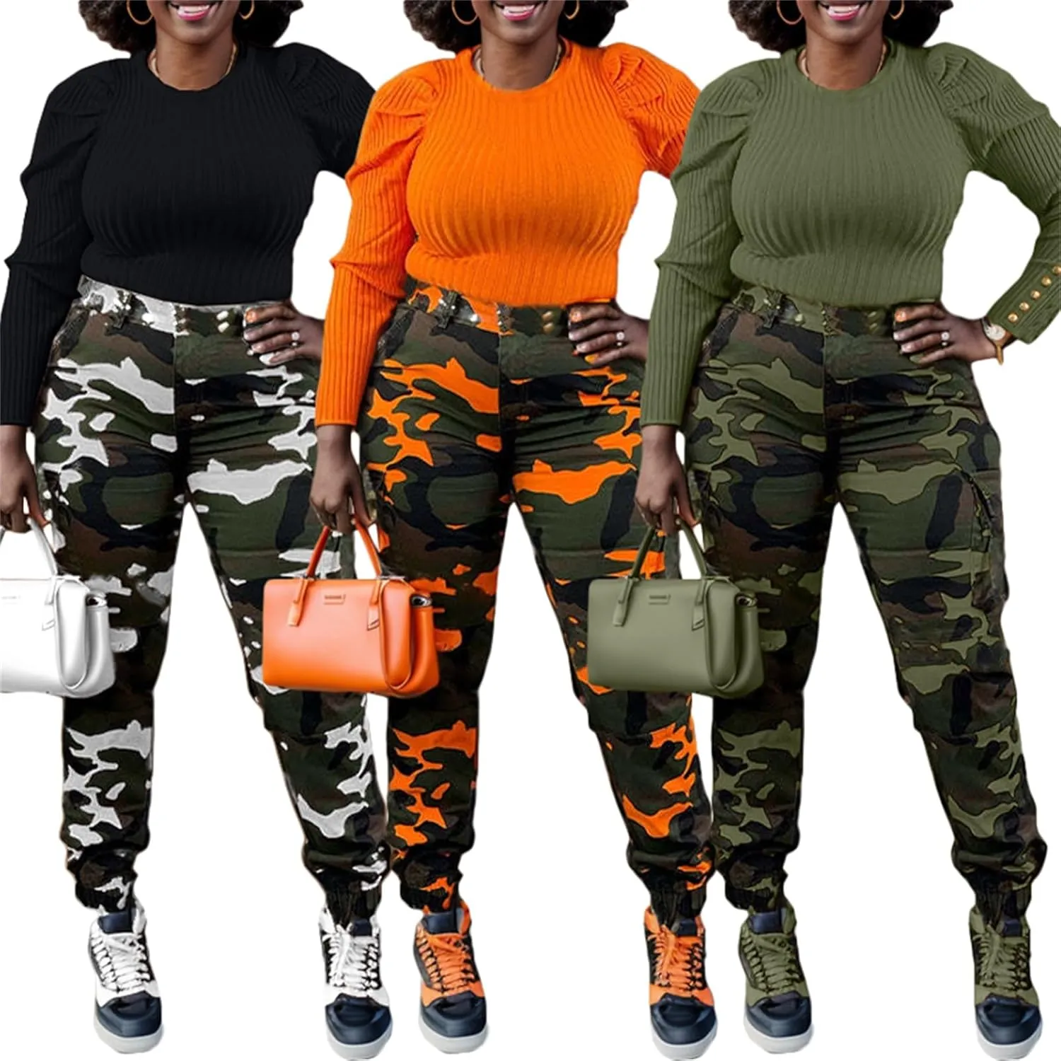 Famnbro Women Camo Pants Camouflage Cargo Pants Ankle Cuffed Army Fatigue Joggers Streetwear
