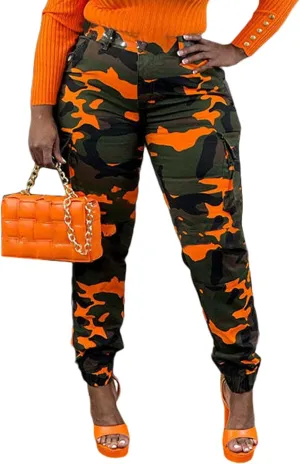 Famnbro Women Camo Pants Camouflage Cargo Pants Ankle Cuffed Army Fatigue Joggers Streetwear