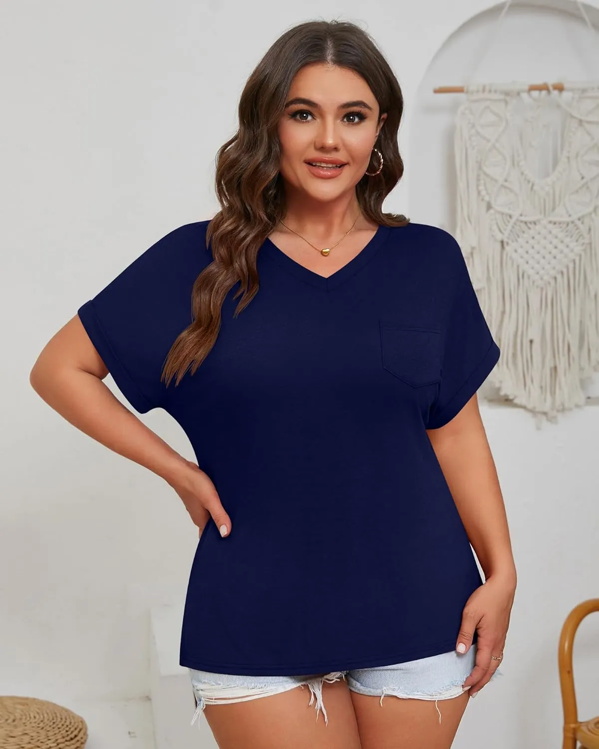 Ficerd 3 Pack Women's Plus Size T-Shirts, V Neck Short Sleeve Oversize Tunics Tops Sides Split Summer Loose Tees with Pockets