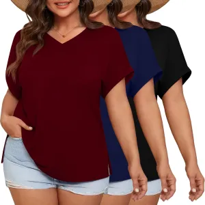 Ficerd 3 Pack Women's Plus Size T-Shirts, V Neck Short Sleeve Oversize Tunics Tops Sides Split Summer Loose Tees with Pockets