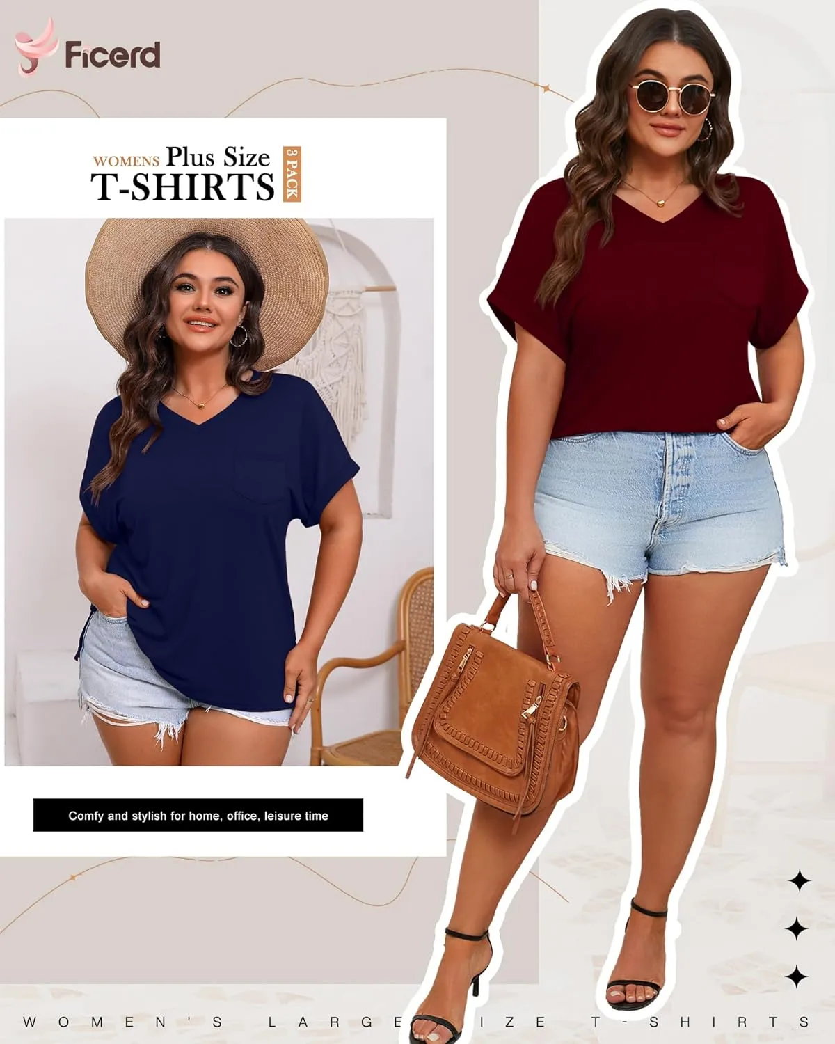 Ficerd 3 Pack Women's Plus Size T-Shirts, V Neck Short Sleeve Oversize Tunics Tops Sides Split Summer Loose Tees with Pockets