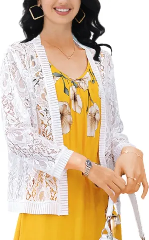 FindThy Womens Open Front Lace Cardigan Long Sleeve Floral Crochet Summer Shrug Cover Ups