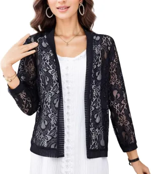 FindThy Womens Open Front Lace Cardigan Long Sleeve Floral Crochet Summer Shrug Cover Ups