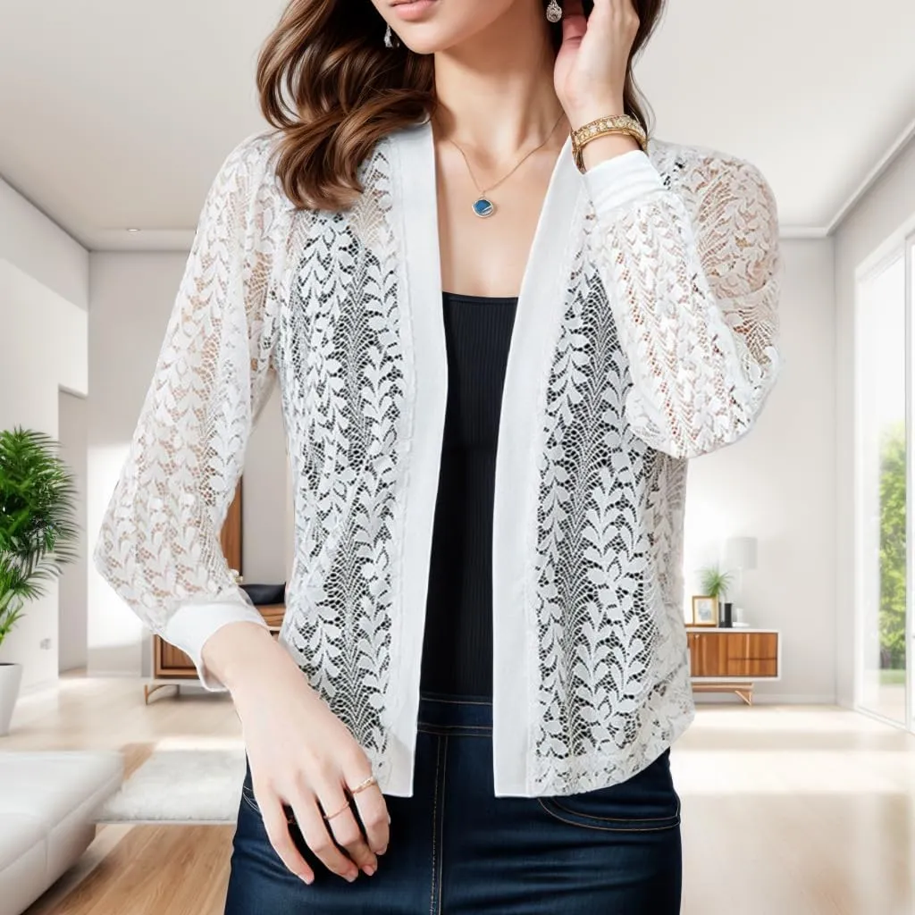 FindThy Womens Open Front Lace Cardigan Long Sleeve Floral Crochet Summer Shrug Cover Ups