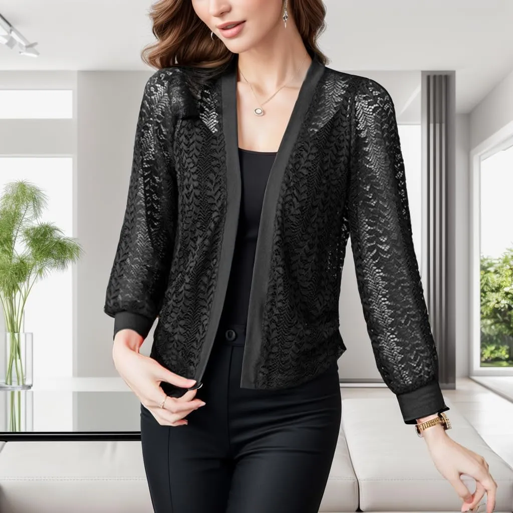 FindThy Womens Open Front Lace Cardigan Long Sleeve Floral Crochet Summer Shrug Cover Ups