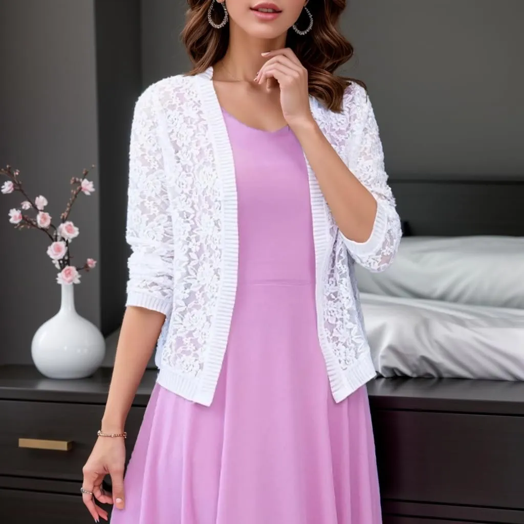 FindThy Womens Open Front Lace Cardigan Long Sleeve Floral Crochet Summer Shrug Cover Ups