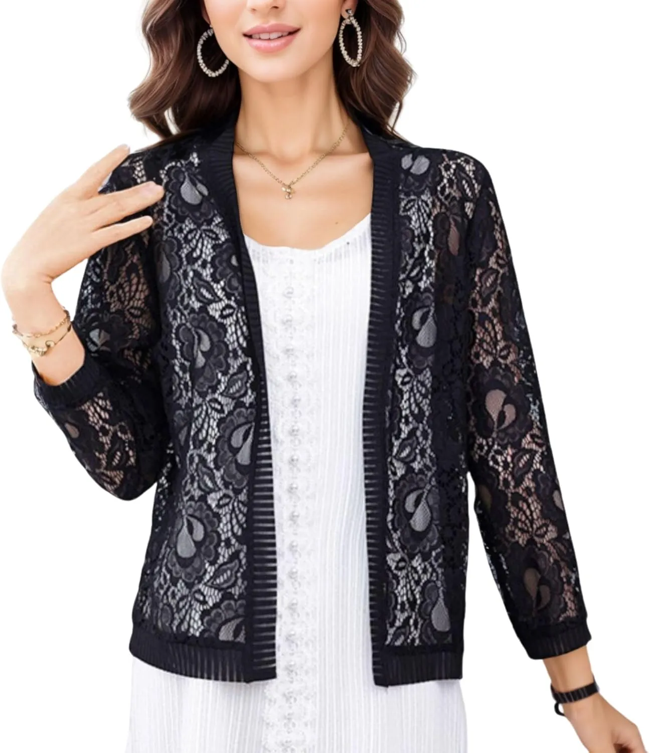 FindThy Womens Open Front Lace Cardigan Long Sleeve Floral Crochet Summer Shrug Cover Ups