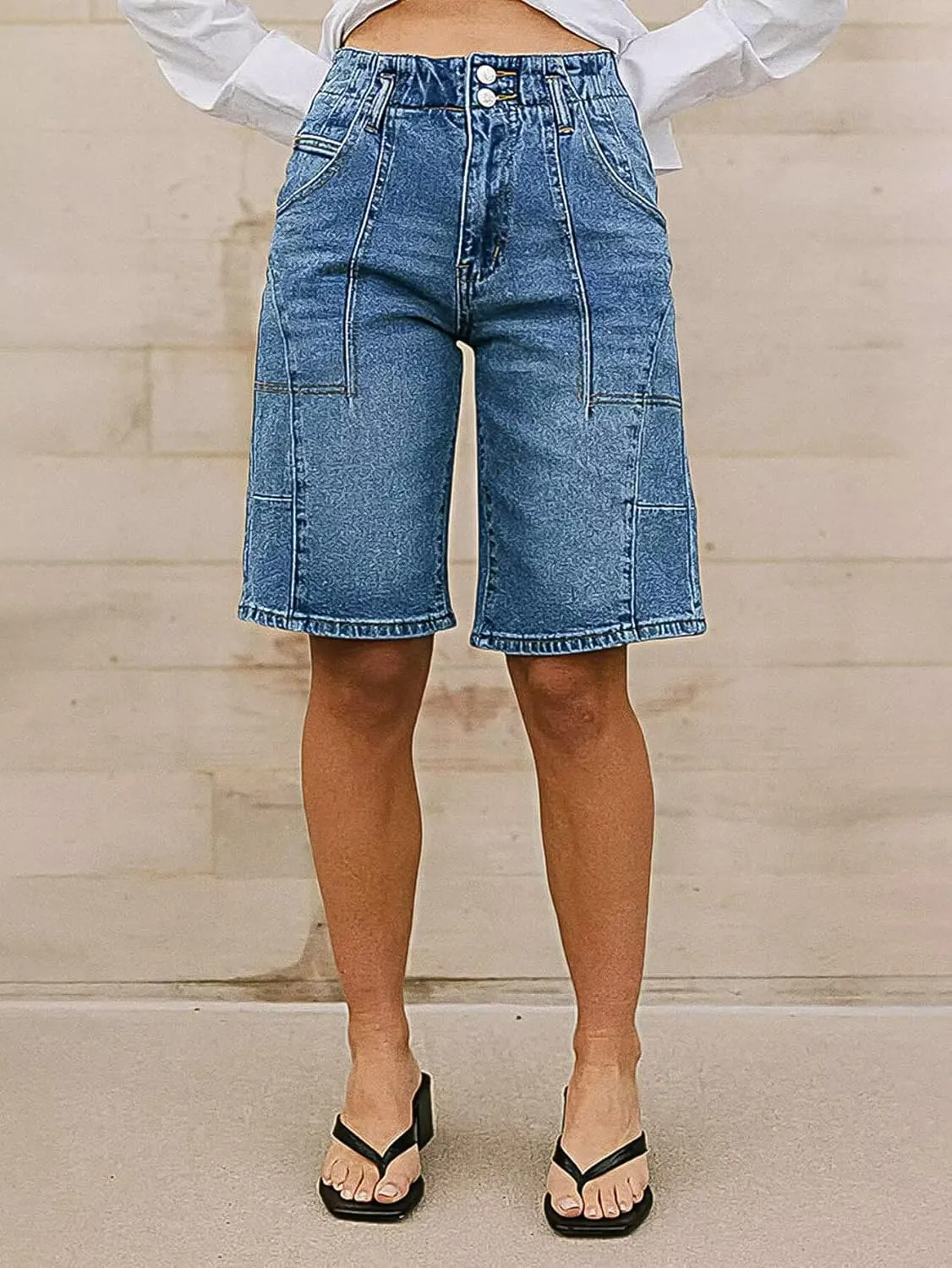 Flamingals Women's High Waist Bermuda Denim Shorts Straight Leg Summer Trendy Jean Shorts