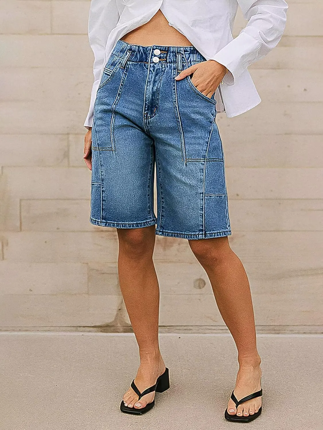Flamingals Women's High Waist Bermuda Denim Shorts Straight Leg Summer Trendy Jean Shorts