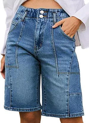Flamingals Women's High Waist Bermuda Denim Shorts Straight Leg Summer Trendy Jean Shorts