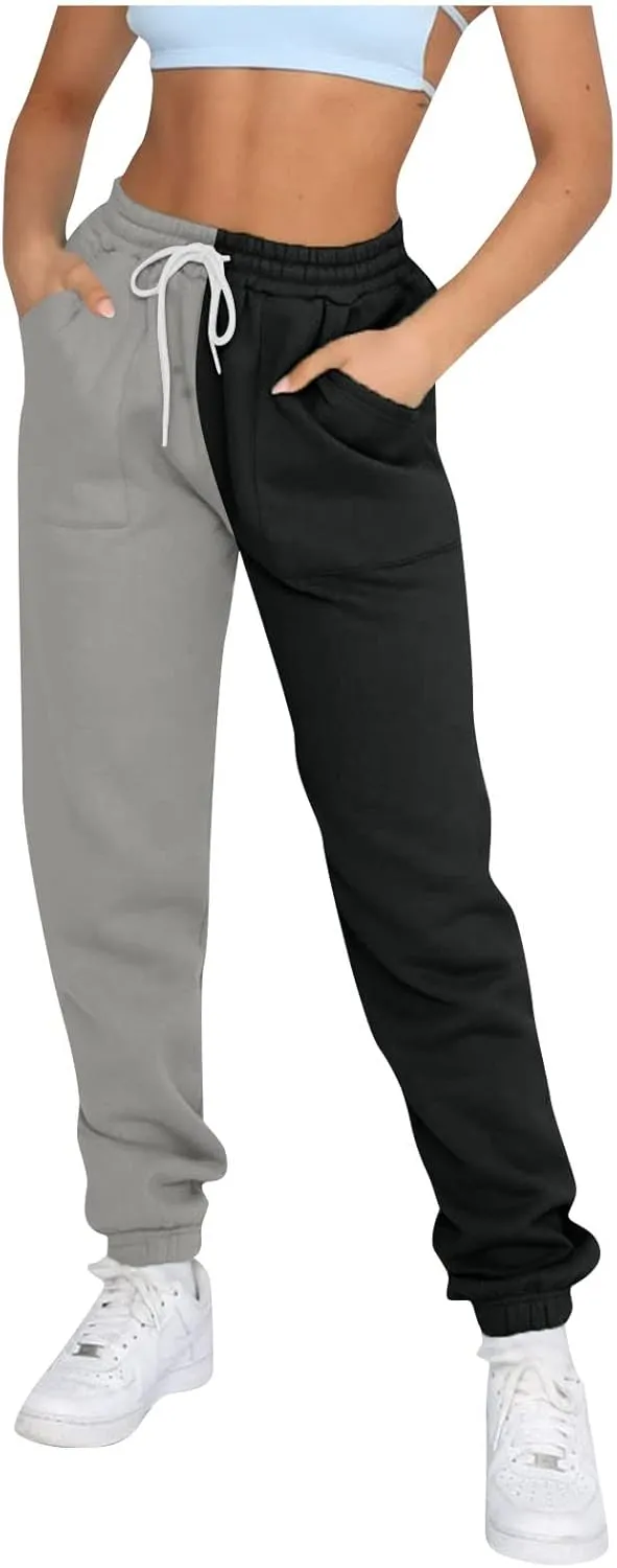 Fleece Straight Leg Sweatpants for Women Elastic High Waisted Joggers with Pockets Lightweight Cinch Bottom Trousers