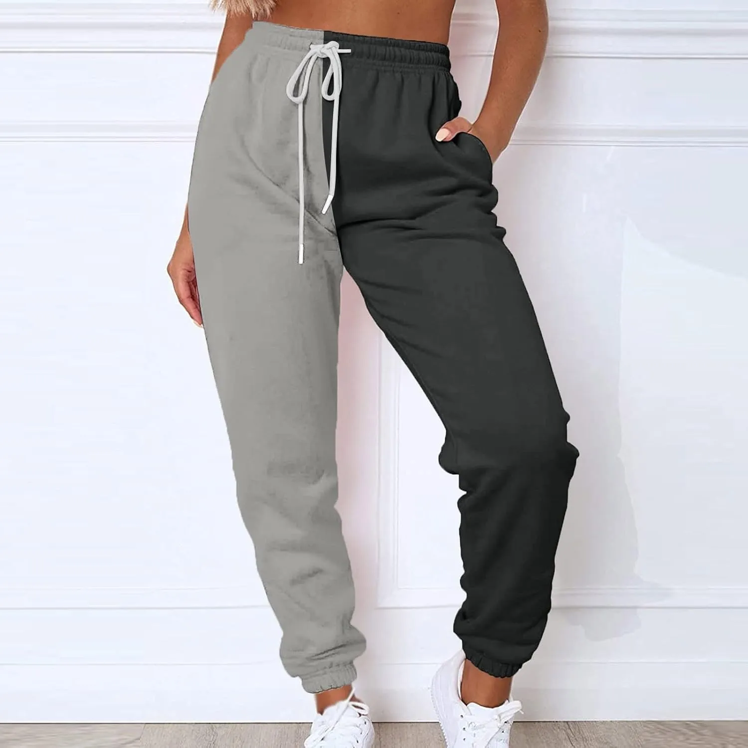 Fleece Straight Leg Sweatpants for Women Elastic High Waisted Joggers with Pockets Lightweight Cinch Bottom Trousers