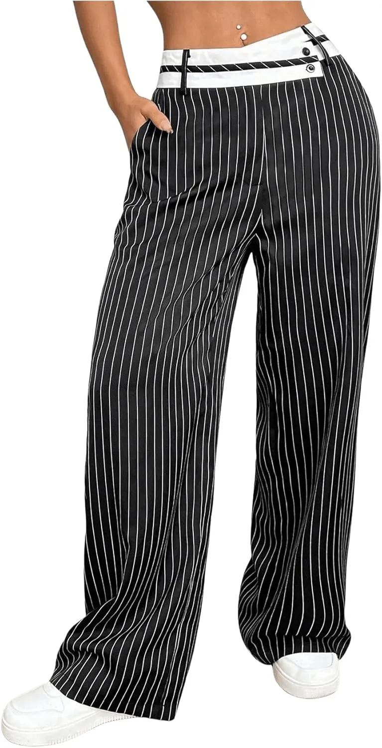 Floerns Women's Asymmetric Waist Zipper Trousers Straight Leg Pants with Pockets