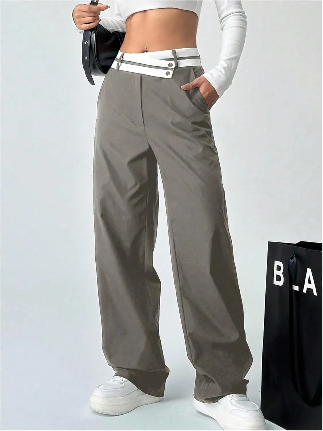 Floerns Women's Asymmetric Waist Zipper Trousers Straight Leg Pants with Pockets