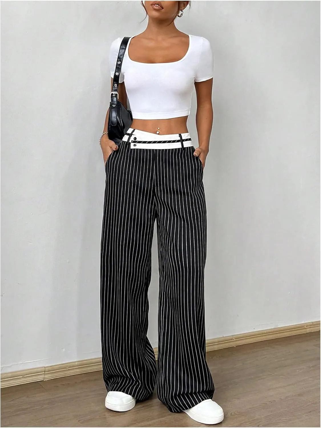 Floerns Women's Asymmetric Waist Zipper Trousers Straight Leg Pants with Pockets