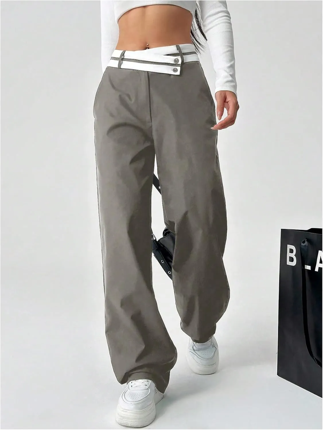 Floerns Women's Asymmetric Waist Zipper Trousers Straight Leg Pants with Pockets