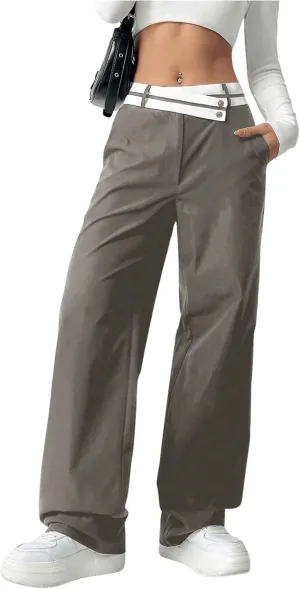 Floerns Women's Asymmetric Waist Zipper Trousers Straight Leg Pants with Pockets