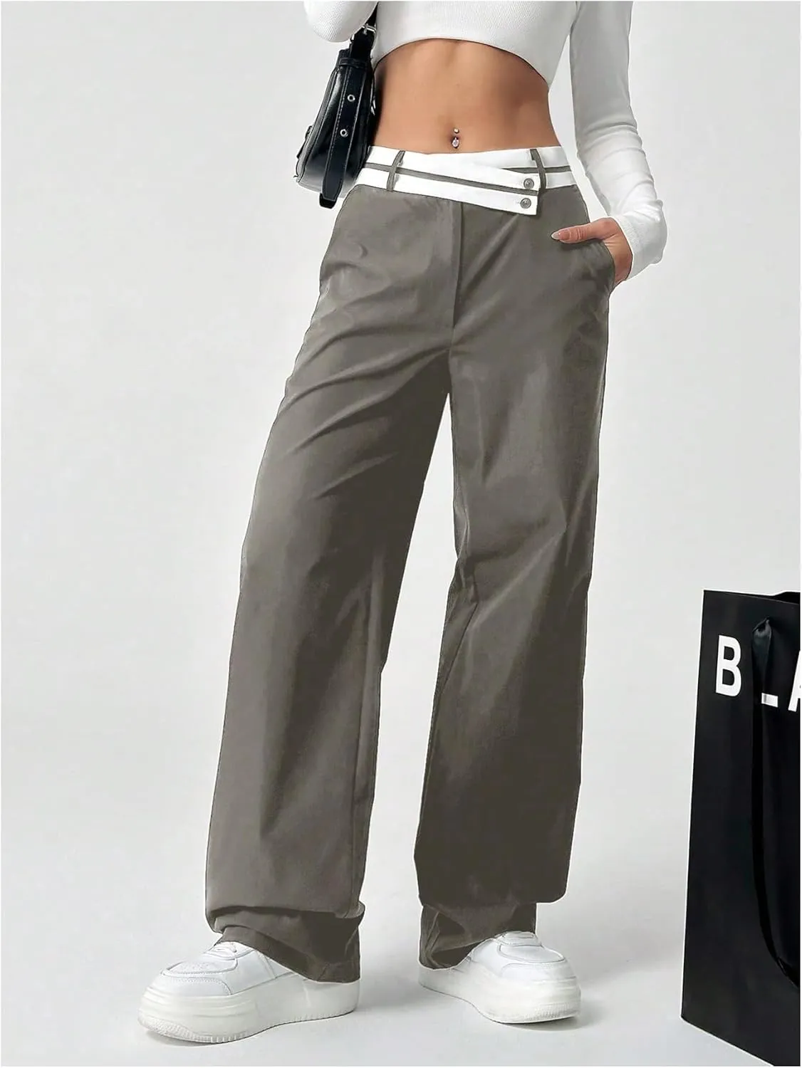 Floerns Women's Asymmetric Waist Zipper Trousers Straight Leg Pants with Pockets