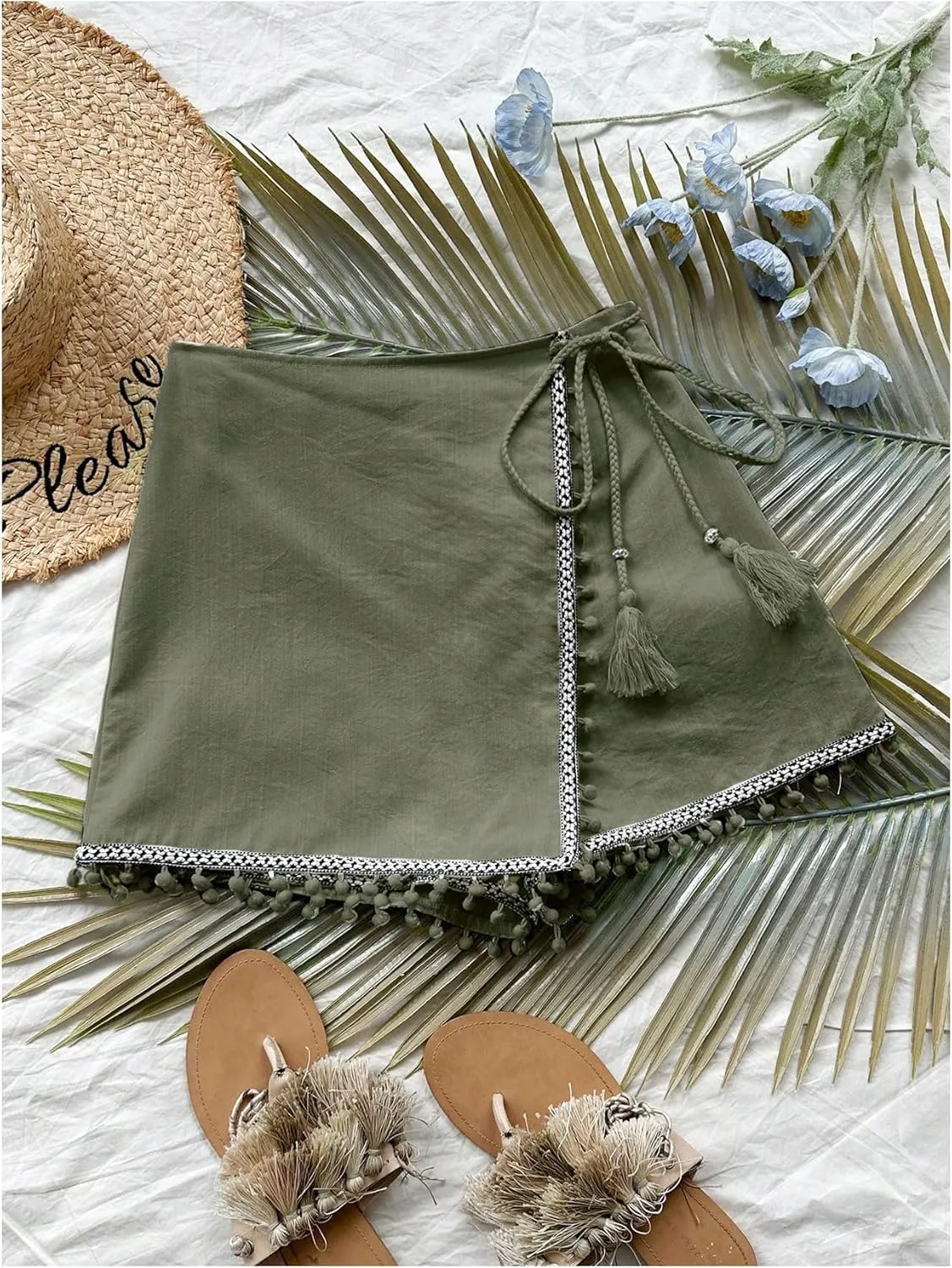 Floerns Women's Asymmetrical Hem Wrap Skirt Shorts Drawstring Side Tassel Binding Skort Shorts