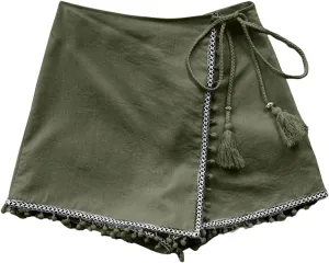 Floerns Women's Asymmetrical Hem Wrap Skirt Shorts Drawstring Side Tassel Binding Skort Shorts