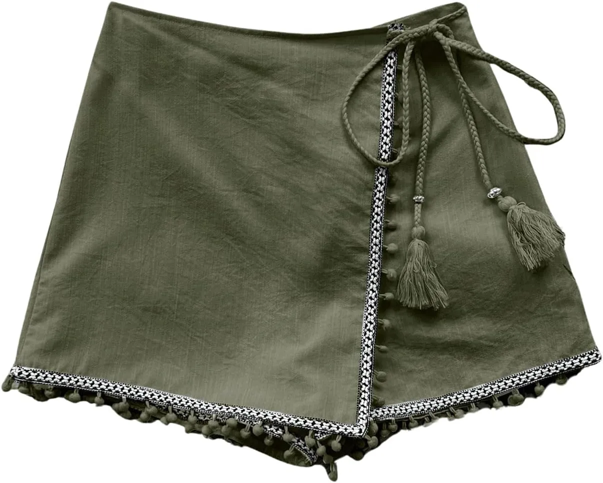Floerns Women's Asymmetrical Hem Wrap Skirt Shorts Drawstring Side Tassel Binding Skort Shorts