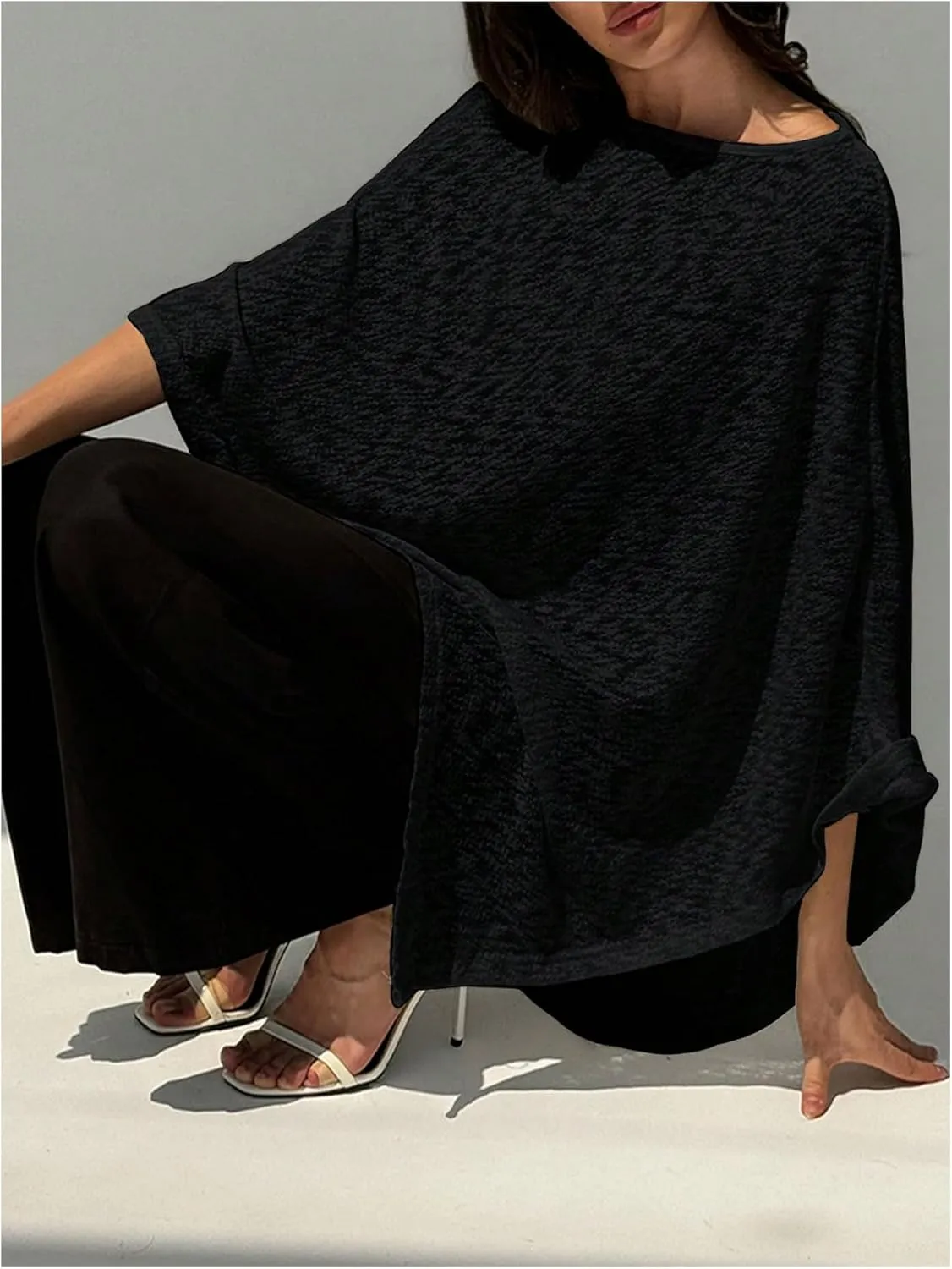 Floerns Women's Elegant Boat Neck Tee Shirts Cloak Sleeve Asymmetrical Hem Shawl Cape