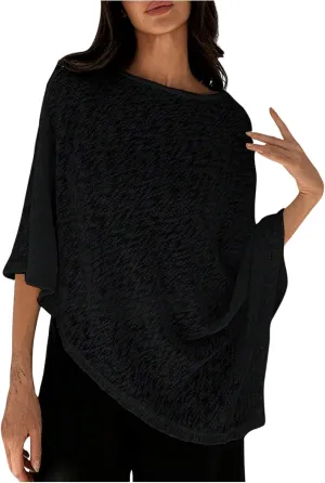 Floerns Women's Elegant Boat Neck Tee Shirts Cloak Sleeve Asymmetrical Hem Shawl Cape