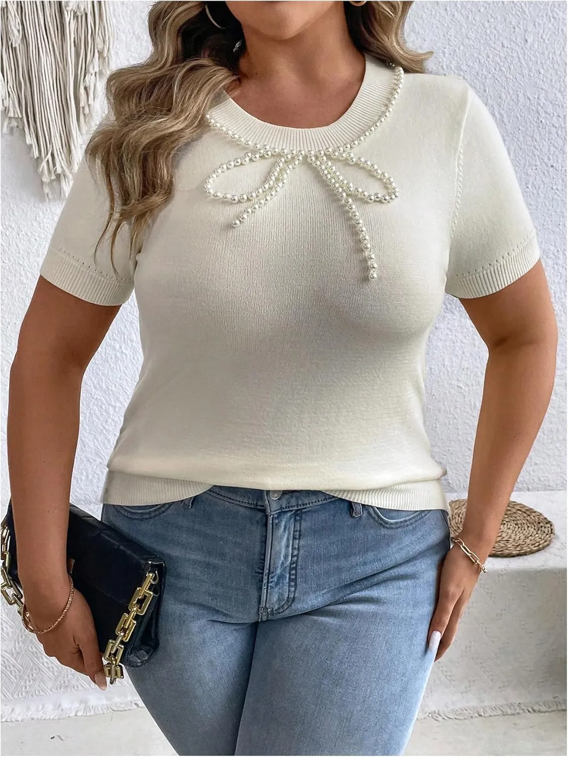 Floerns Women's Plus Size Pearl Beaded Short Sleeve Sweater Cute Knitted Tee Shirt