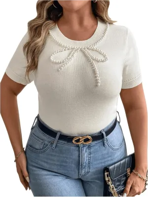 Floerns Women's Plus Size Pearl Beaded Short Sleeve Sweater Cute Knitted Tee Shirt