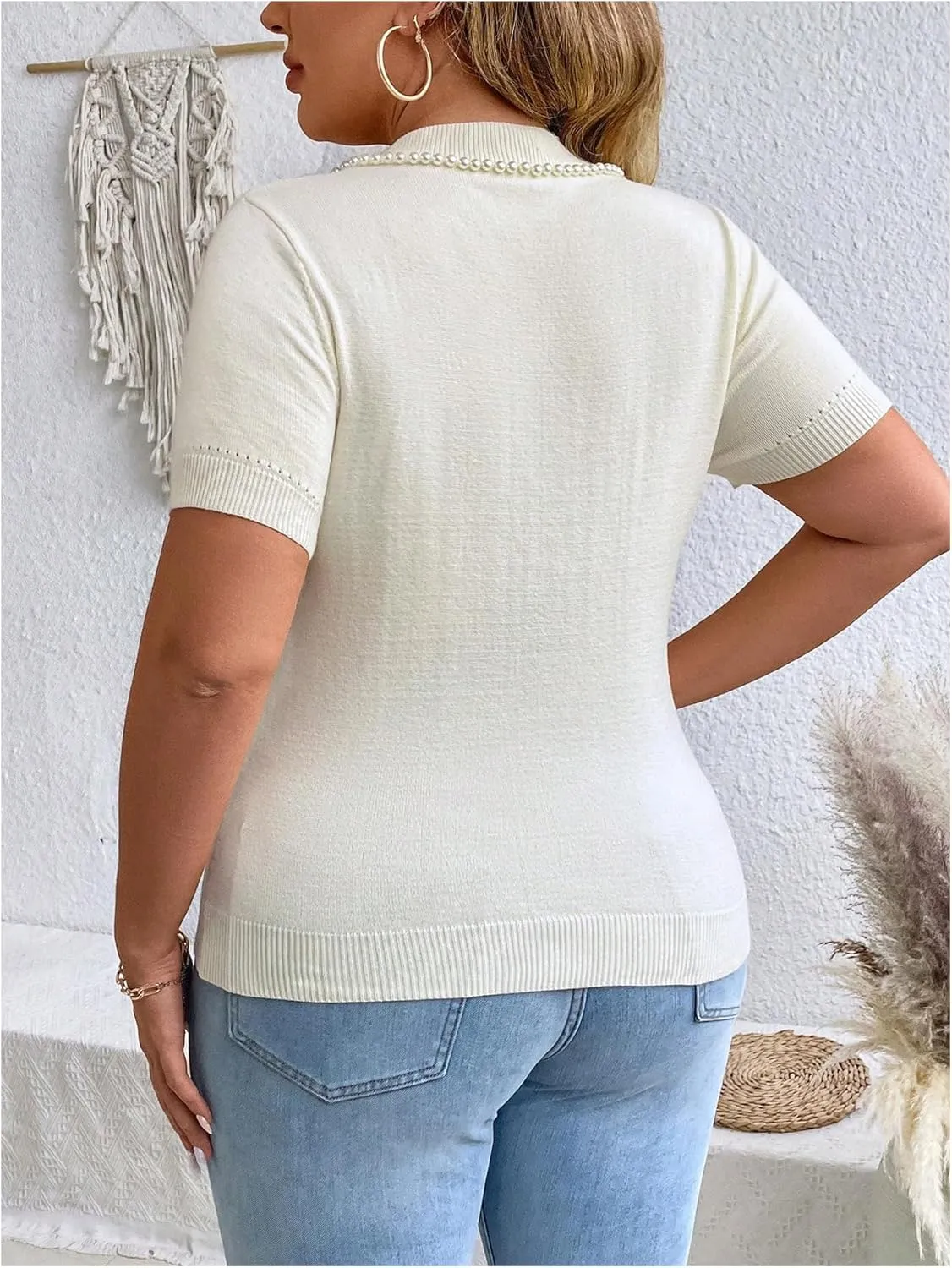 Floerns Women's Plus Size Pearl Beaded Short Sleeve Sweater Cute Knitted Tee Shirt