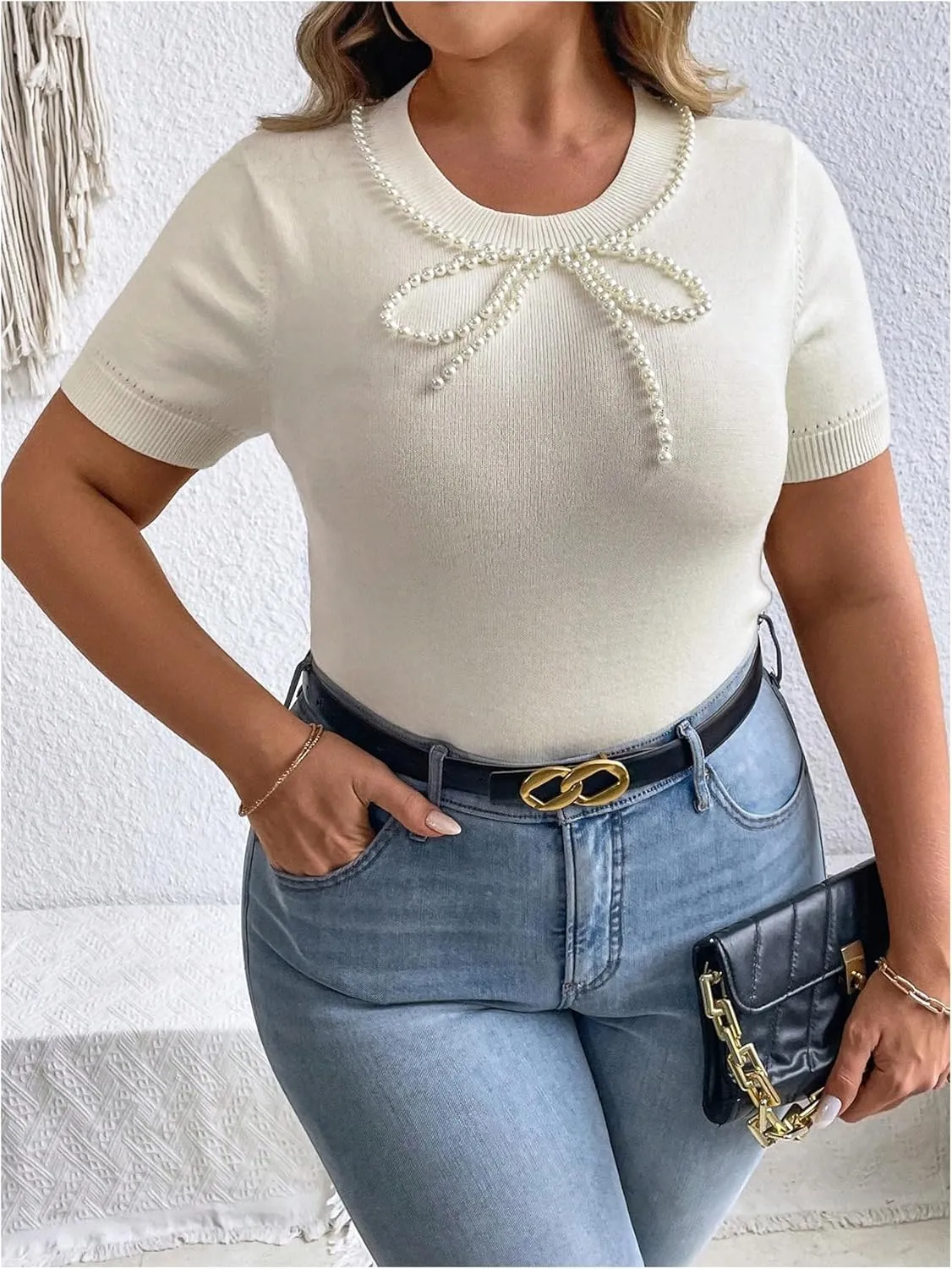 Floerns Women's Plus Size Pearl Beaded Short Sleeve Sweater Cute Knitted Tee Shirt