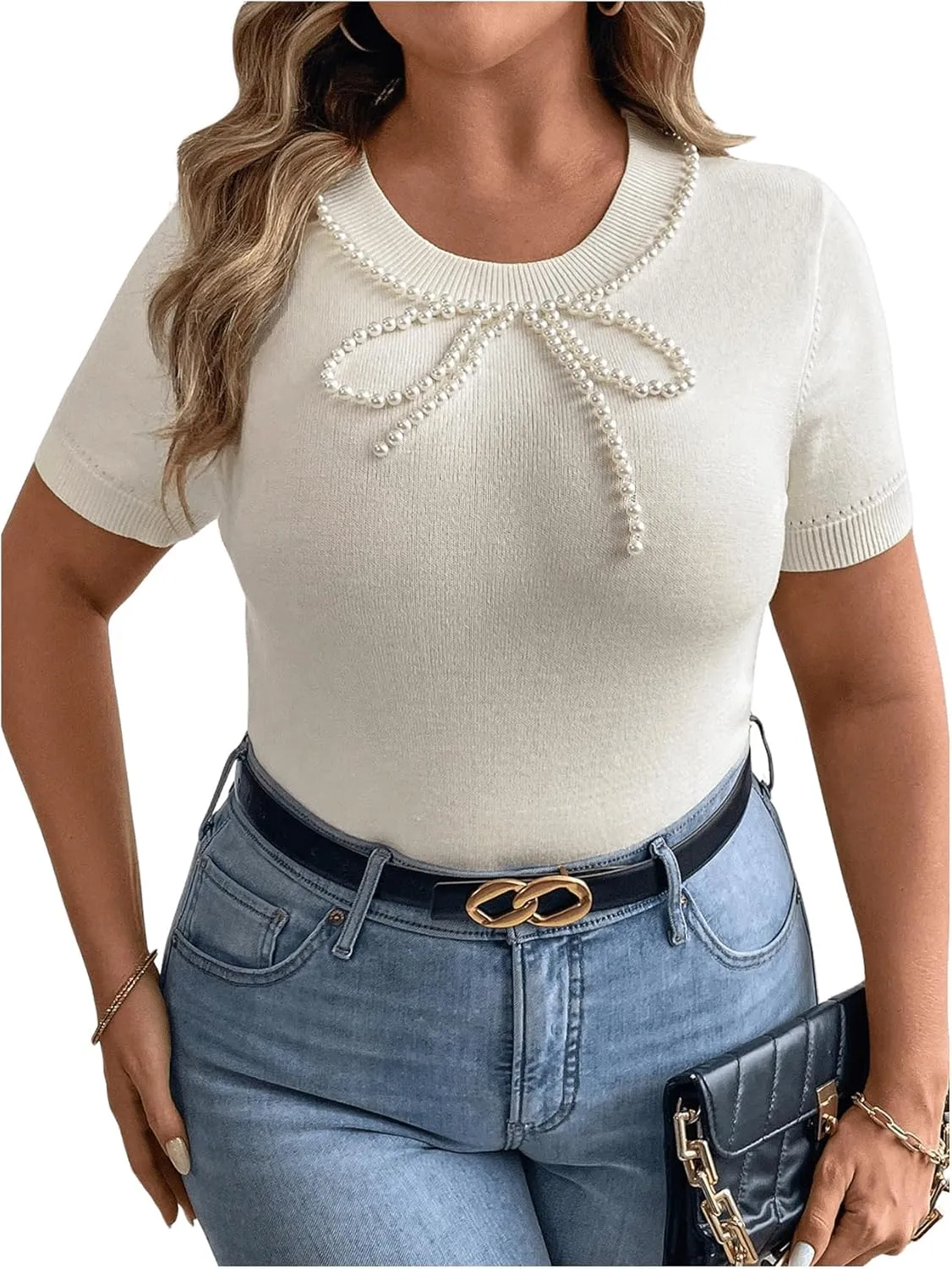 Floerns Women's Plus Size Pearl Beaded Short Sleeve Sweater Cute Knitted Tee Shirt