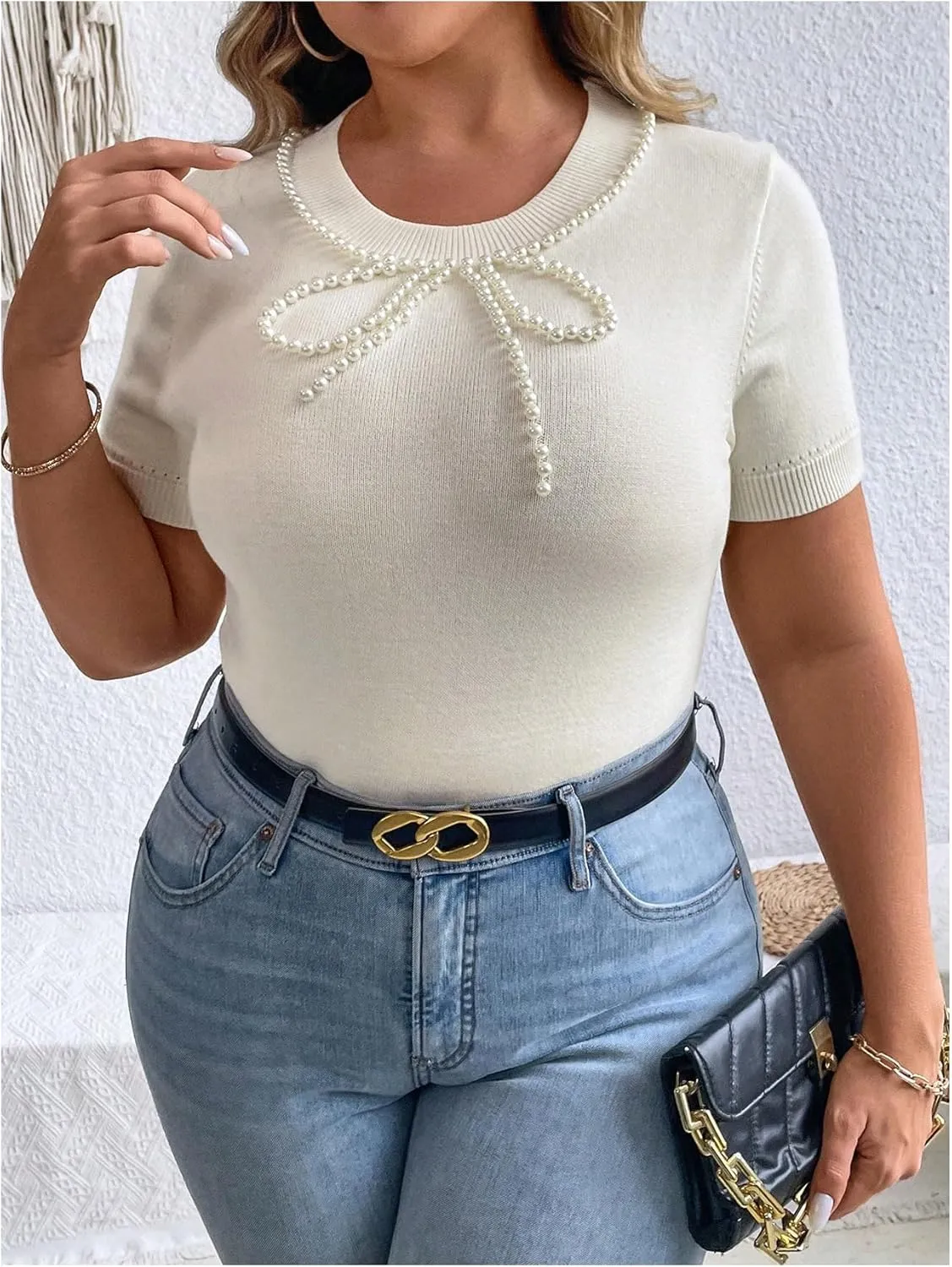 Floerns Women's Plus Size Pearl Beaded Short Sleeve Sweater Cute Knitted Tee Shirt